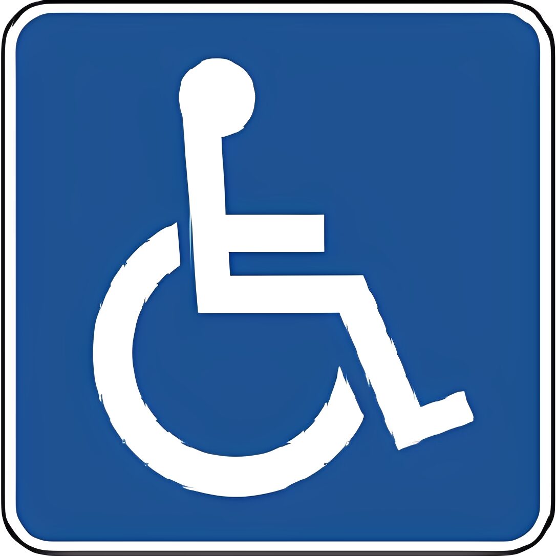 Wheelchair accessibility symbol on blue sign